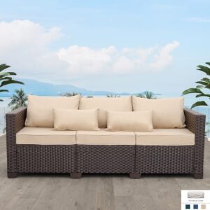 outdoor patio furniture outdoor couch 3 seater sofa outdoor brown wicker sofa deep seat high backrest patio couch with anti-slip cushions and waterproof cover, khaki