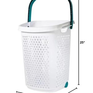 ReMoiz Wheeled Design Clothes Laundry Basket, 70.52 Liter Capacity Mind Reader Basket Collection, 2 Bushel Rolling Plastic Laundry Hamper with Pop-up Handle, White, Large