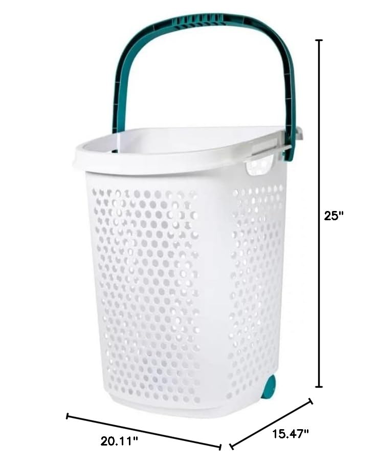 ReMoiz Wheeled Design Clothes Laundry Basket, 70.52 Liter Capacity Mind Reader Basket Collection, 2 Bushel Rolling Plastic Laundry Hamper with Pop-up Handle, White, Large