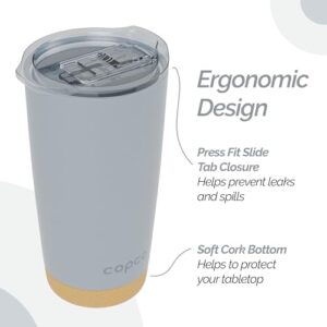 Copco Insulated Stainless Steel Travel Tumbler with Cork Bottom, 20oz, Double Wall, Leak-Proof BPA-Free Lid, Portable Reusable Travel Coffee Mug for Hot and Cold Beverages, Spill-Proof (Gray)