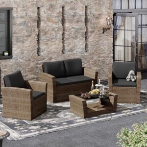 LHBcraft 4PCS Patio Furniture Set, Outdoor Conversation Sets with Rattan Chair Table, Wicker Loveseat Sofa Bistro for Garden, Pool, Backyard