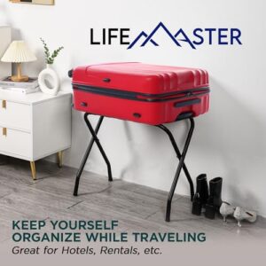 Lifemaster Metal Luggage Rack - Pack of 1 Foldable, Easy Assembly, Space Saving, and Stylish Steel Frame Guest Suitcase Stands with Nylon Straps - Black