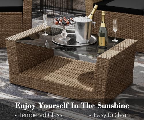 LHBcraft 4PCS Patio Furniture Set, Outdoor Conversation Sets with Rattan Chair Table, Wicker Loveseat Sofa Bistro for Garden, Pool, Backyard