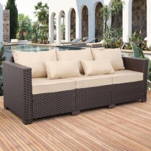 Outdoor Patio Furniture Outdoor Couch 3 Seater Sofa Outdoor Brown Wicker Sofa Deep Seat High Backrest Patio Couch with Anti-Slip Cushions and Waterproof Cover, Khaki