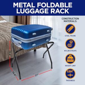 Lifemaster Metal Luggage Rack - Pack of 1 Foldable, Easy Assembly, Space Saving, and Stylish Steel Frame Guest Suitcase Stands with Nylon Straps - Black