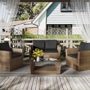 LHBcraft 4PCS Patio Furniture Set, Outdoor Conversation Sets with Rattan Chair Table, Wicker Loveseat Sofa Bistro for Garden, Pool, Backyard