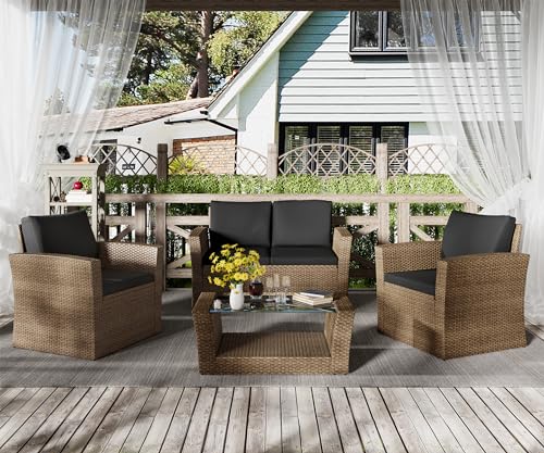 LHBcraft 4PCS Patio Furniture Set, Outdoor Conversation Sets with Rattan Chair Table, Wicker Loveseat Sofa Bistro for Garden, Pool, Backyard