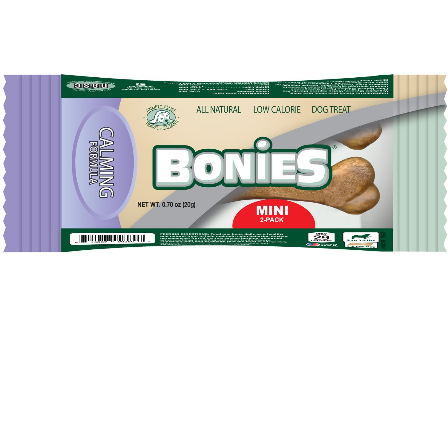 Bonies Natural Calming Formula Minis-Sized Bone - Contains Chamomile & Lavender, Helps Anxiety, Excessive Barking & Trembling, Chicken Flavor, [Mini Dog], 2 Bone Pack