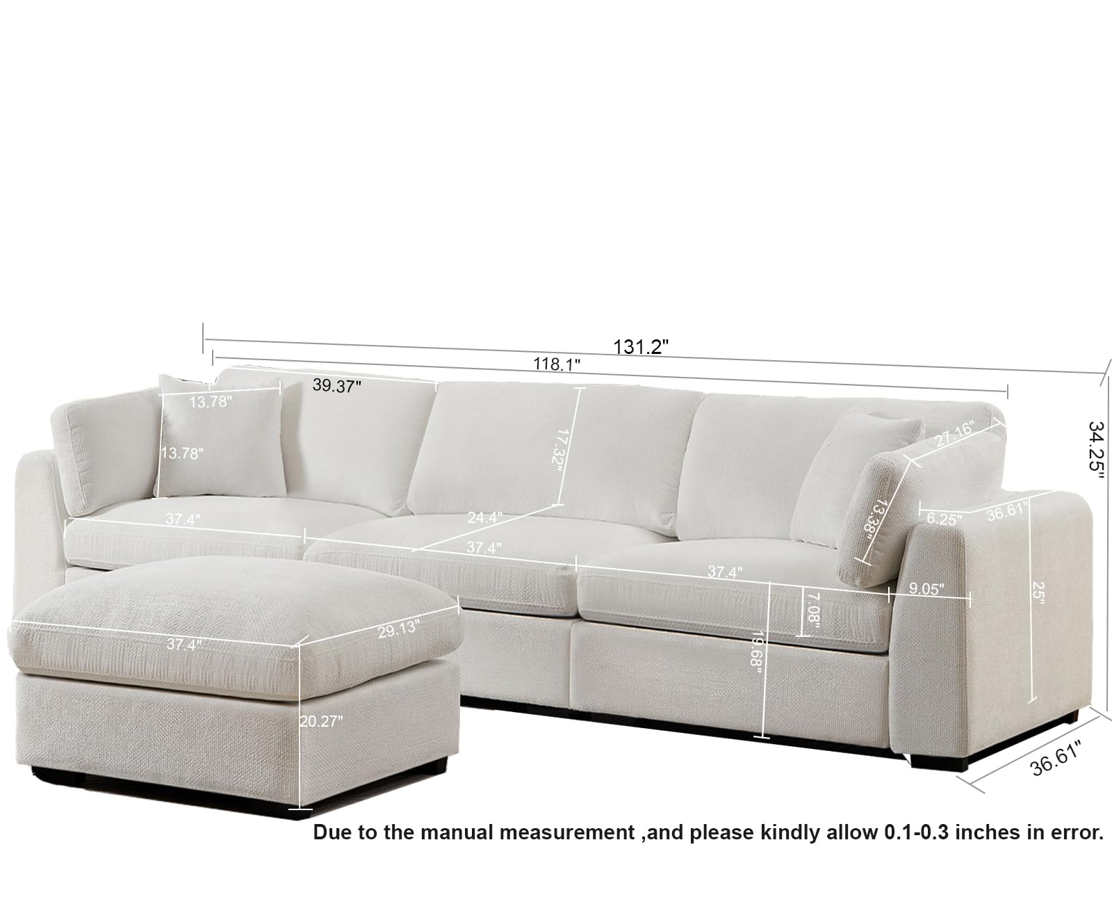 Sectional Sofa Deep Couch with Chaise Modular Sectional Couch with Extra Large Ottoman Corduroy Sectioanl Sofa Sleeper Couch for Living Room Apartment (White, 3 Seater with Ottoman)