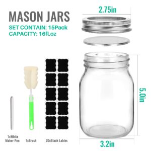 CAKKVDE Mason Jars 16 oz with Lids and Bands 15 Pack, Regular Mouth Food Storage Canning Jars, Clear Glass Jars for Canning, Fermenting, Jam, Honey, Wedding Favors, Sauces, DIY