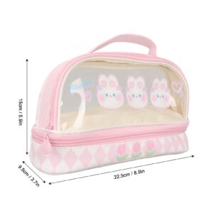 Mokernali Cute Rabbit Pen Bag, Rabbit Pattern Double Layer Pen Bag, Waterproof Transparent Kawaii Pencil Case Pink Cosmetic Bag with Handle