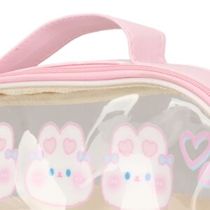 Mokernali Cute Rabbit Pen Bag, Rabbit Pattern Double Layer Pen Bag, Waterproof Transparent Kawaii Pencil Case Pink Cosmetic Bag with Handle