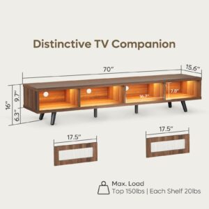 Bestier Mid Century Modern TV Stand for 75 inch TV, LED Entertainment Center with Storage and Sliding Doors, Low Profile TV Consoles for Living Room, Ancona Walnut