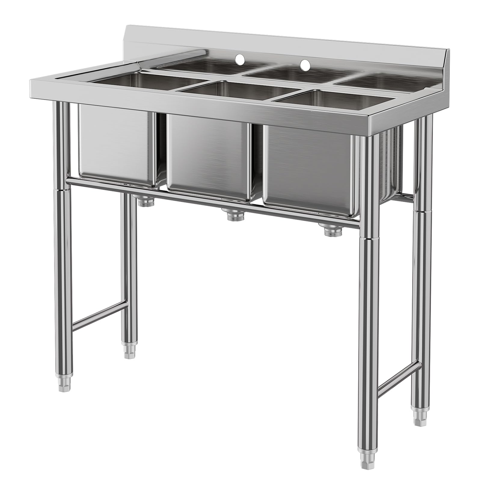 3 Compartment Stainless Steel Bar Sink, Commercial Grade Utility Basin, Free Standing Restaurant Sink Station with Adjustable Bullet Feet&High Backsplash, 11"Lx10"Wx10"H Laundry Tub Culinary Sink