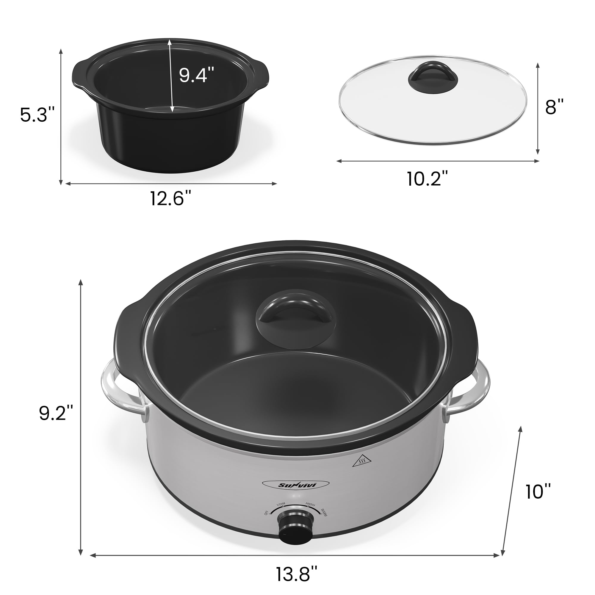 Sunvivi Small Slow Cooker 4QT, Mini Food Warmer with 3 Heating Settings, Removable Ceramic Pot, Dishwasher Safe Glass Lid, Stainless Steel, Silver