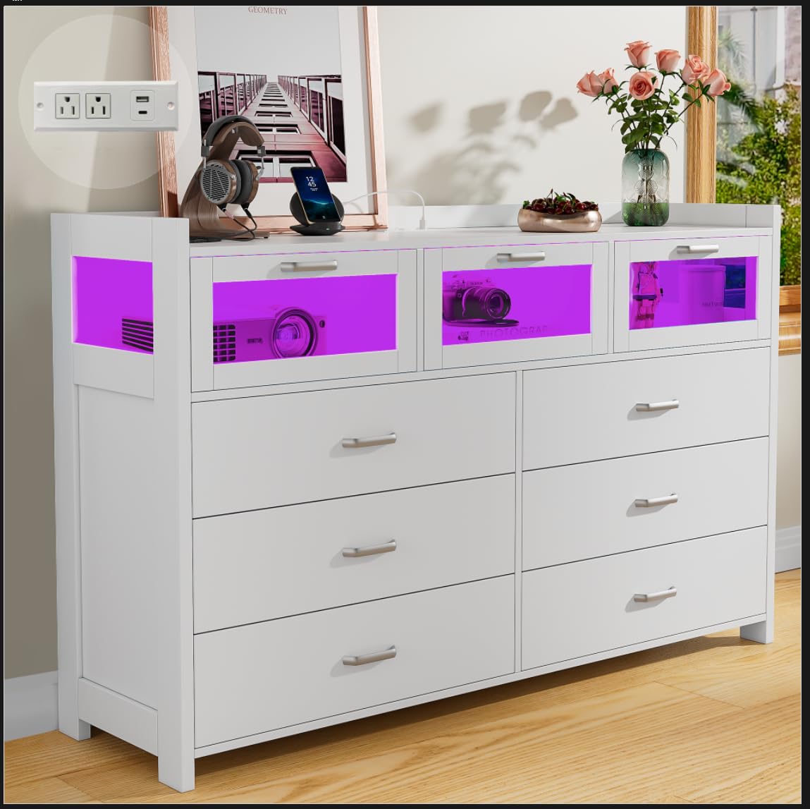 Alohappy White Dresser for Bedroom, 9 Drawers Dresser with LED Lights and Charging Station, Chest of Dresser for Bedroom with 3 Visual Drawers, Wood Drawer Organizer for Bedroom, Living Room, Hallway