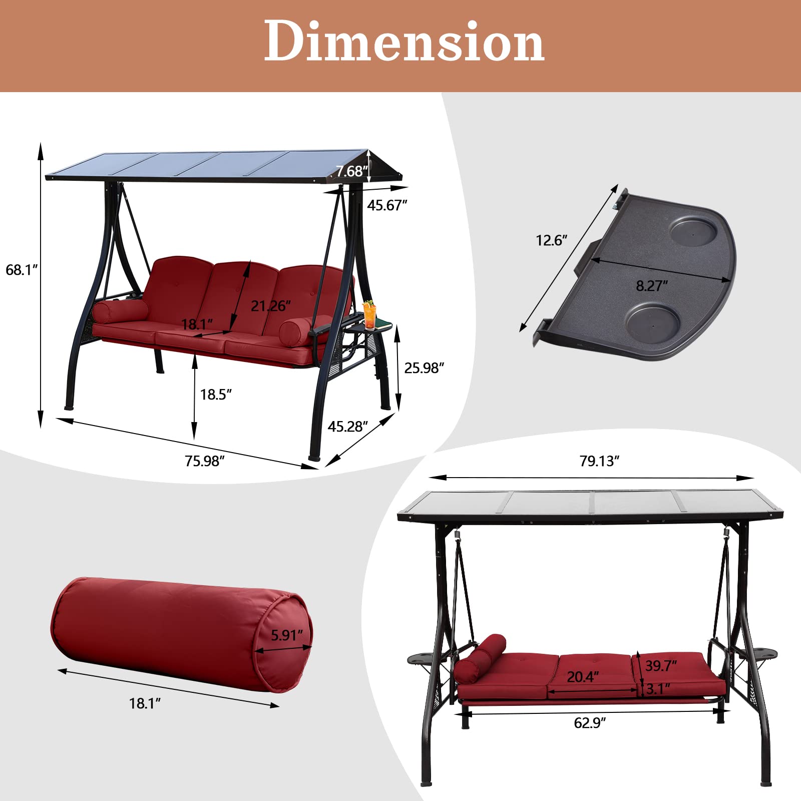 NOBLEMOOD Outdoor Porch Swing with Polycarbonate Hardtop, 3 Seat Patio Swing with Convertible Backrest, 2 Side Cup Holder, Thickened Cushion, 4 Pillows for Adult, Garden, Lawn