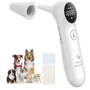 pet ear thermometer for dogs, cats, and livestock, long probe designed, ℃/ ℉ convert and sound switch dedicated button, 1 second measurement, 20 pcs pet swabs included