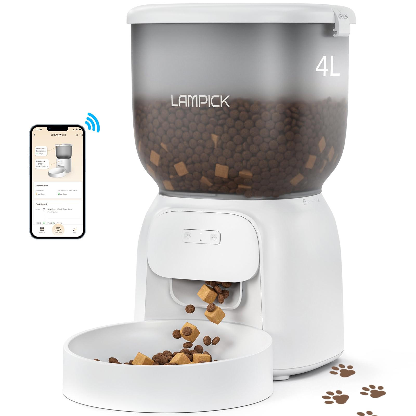 LAMPICK Smart Automatic Cat Feeder - WiFi Cat Food Dispenser with APP Control Up to 15 Portions((8g/Portion) 10 Meals Per Day, Dual Power Supply Pet Feeders for Cats/Dogs (4L/16.9 Cups)