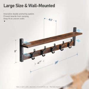 Tatub 29" Rustic Coat Rack Wall Mount with Shelf, Wall Hooks with Shelf, Entryway Floating Shelf with 5 Metal Hooks, Coat Hangers for Entryway, Living Room, Bedroom, Brown Black