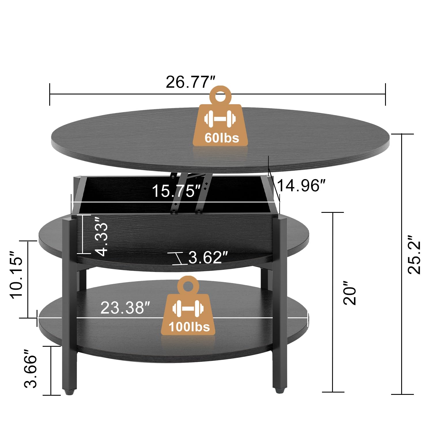 FABATO Round Lift Top Coffee Table with Storage and Hidden Compartment, 26.77'' Farmhouse Coffee Table for Living Room Reception Room, 2 Tier Small Round Coffee Table Circle Dining Table, Black