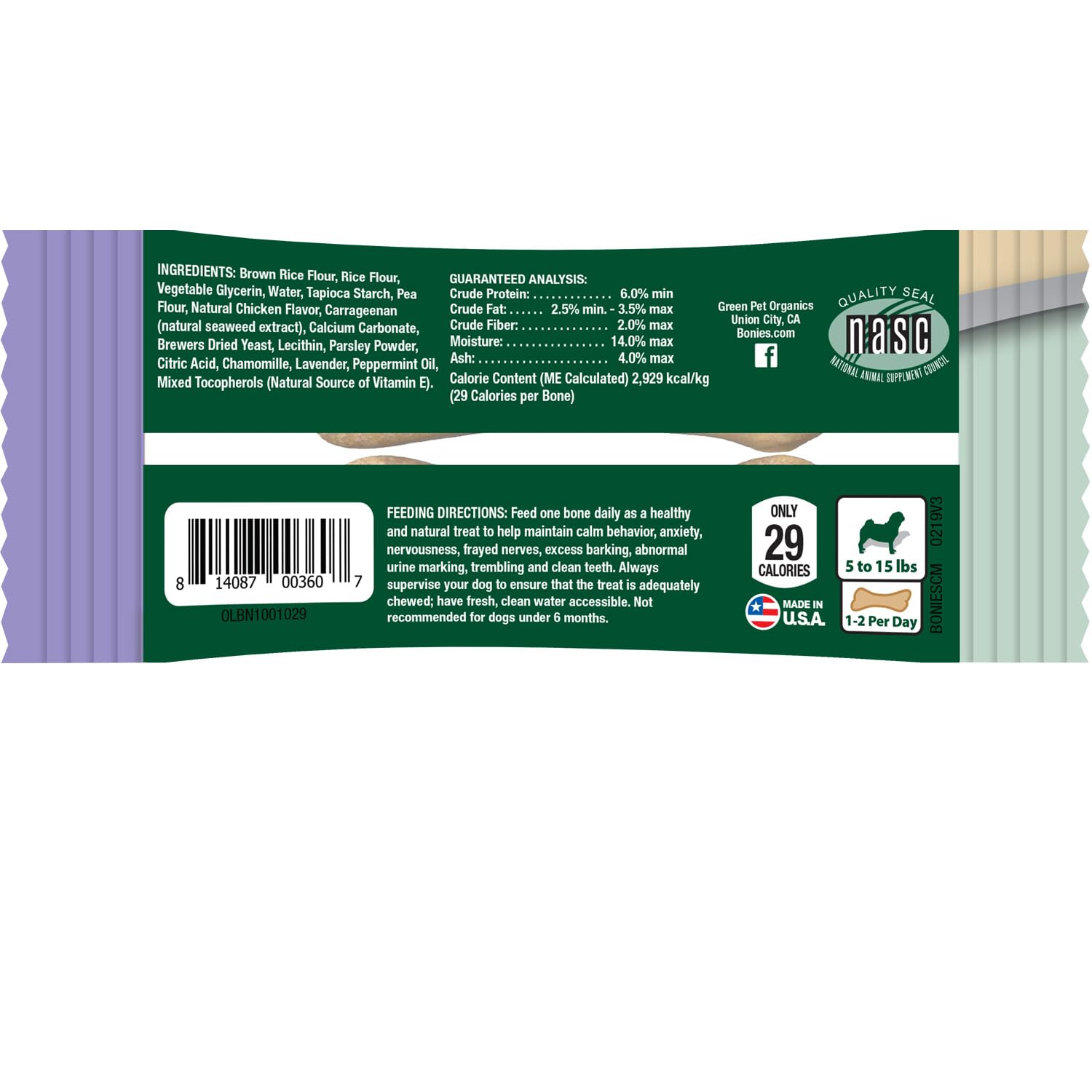 Bonies Natural Calming Formula Minis-Sized Bone - Contains Chamomile & Lavender, Helps Anxiety, Excessive Barking & Trembling, Chicken Flavor, [Mini Dog], 2 Bone Pack