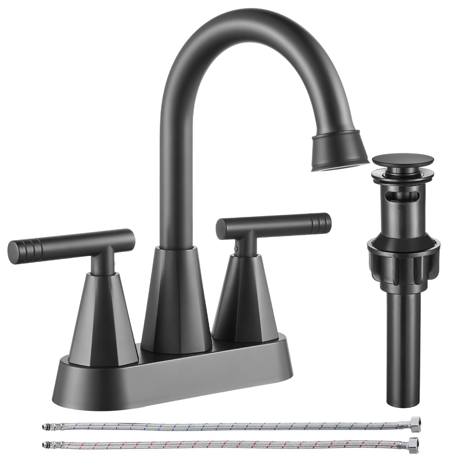 Cobbe Black Bathroom Faucets 3 Hole, 4 Inch Bathroom Sink Faucet with Pop Up Drain and 2 Supply Hoses, 2 Handle Centerset Bathroom Faucet for Sink Vanity, Matte Black