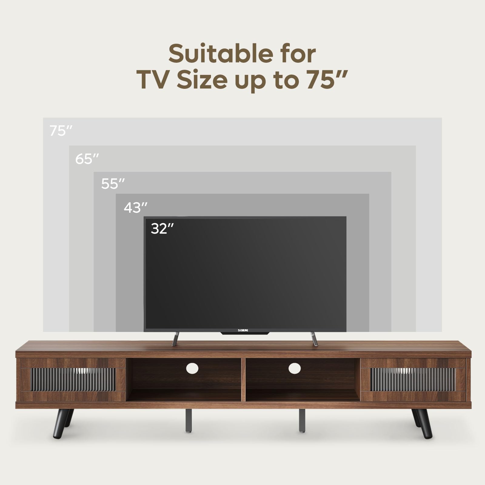 Bestier Mid Century Modern TV Stand for 75 inch TV, LED Entertainment Center with Storage and Sliding Doors, Low Profile TV Consoles for Living Room, Ancona Walnut