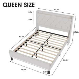 Vabches Queen Size Bed Frames with LED Lights, Upholstered Platform Bed with Charging Station, Storage Space Under The Bed, Steel Slat Support, No Box Spring Needed, Noise Free, Off White