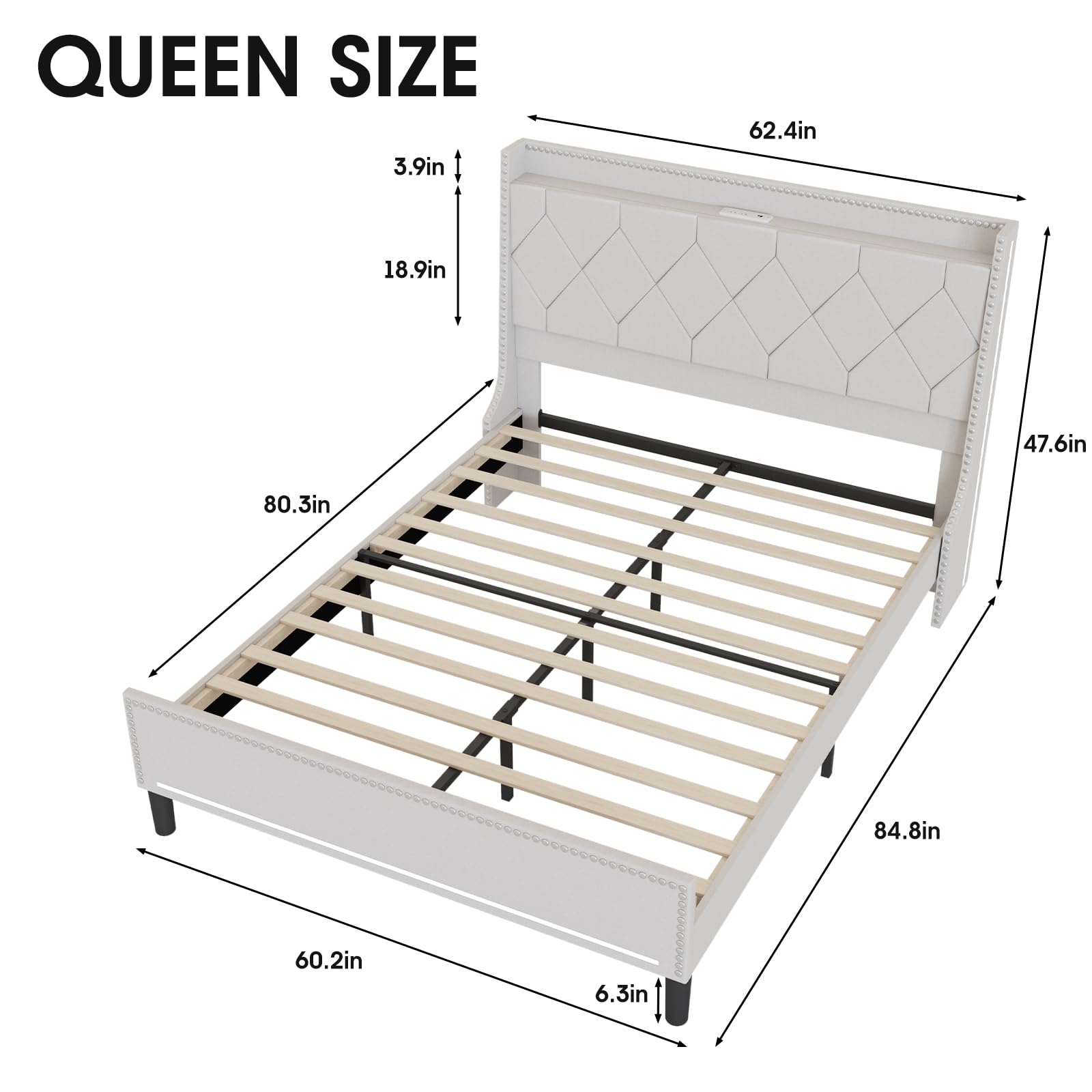 Vabches Queen Size Bed Frames with LED Lights, Upholstered Platform Bed with Charging Station, Storage Space Under The Bed, Steel Slat Support, No Box Spring Needed, Noise Free, Off White