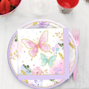 PYCALOW Butterfly Birthday Party Supplies - Butterfly Party Decorations Tableware Include Paper Plate, Napkin, Cup, Disposable Cutlery, Butterfly Baby Shower Decorations Dinnerware | 24 Guests