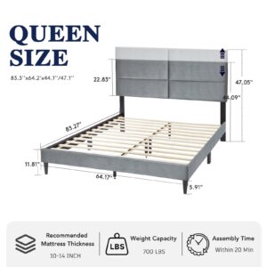 Zeelovtress Queen Size Bed Frame with Adjustable Headboard, Upholstered Platform Bed, Velvet Bedframe Mattress Foundation, Strong Wooden Slat Support, Easy Assembly, No Box Spring Needed, Silver Grey