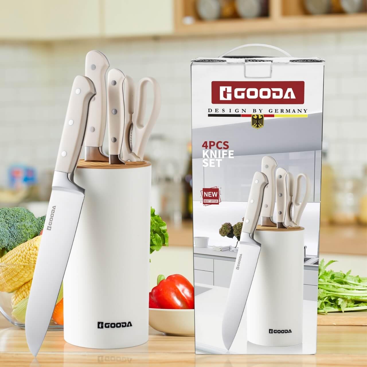 GOODA Knife Set with Block,4 Pieces High Carbon Stainless Steel Kitchen Knife set Dishwasher Safe with Sharp Blade Forged Triple Rivet Ergonomic Handle,White