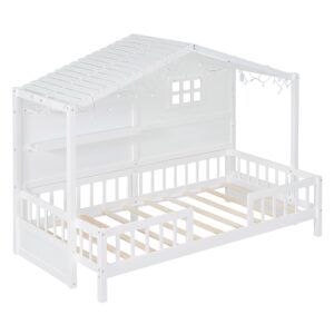 BestLM Twin Size House Bed with Semi-Enclosed Fence & Shelves, Wood House Bed Frame with Window & Sparkling Light Strip on The Roof for Kids Teens Girls Boys, No Box Spring Required, White