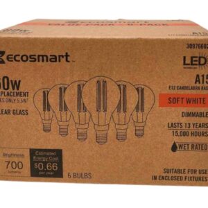 EcoSmart A15 LED Light Bulbs | Clear | Vintage Filament | 700 Lumens | 60W Equivalent | Candelabra E12 Base | Dimmable | Soft White (2700K) | Ideal for Ceiling Fans | 6-Pack