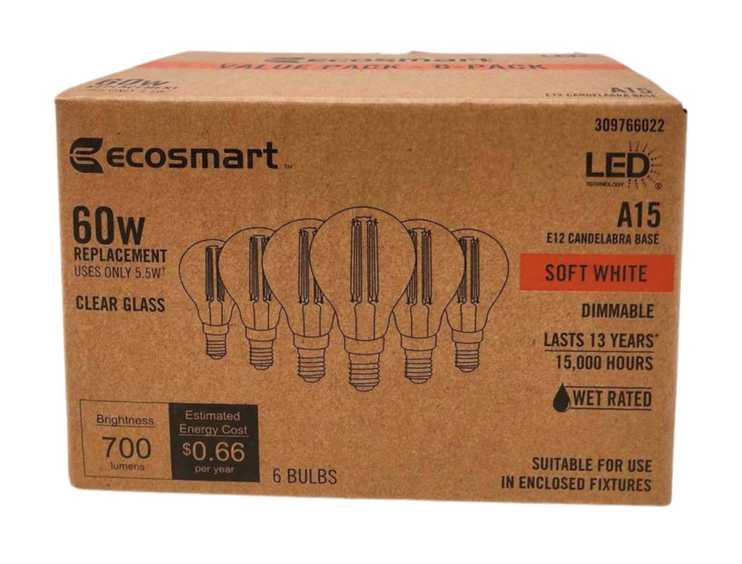 EcoSmart A15 LED Light Bulbs | Clear | Vintage Filament | 700 Lumens | 60W Equivalent | Candelabra E12 Base | Dimmable | Soft White (2700K) | Ideal for Ceiling Fans | 6-Pack