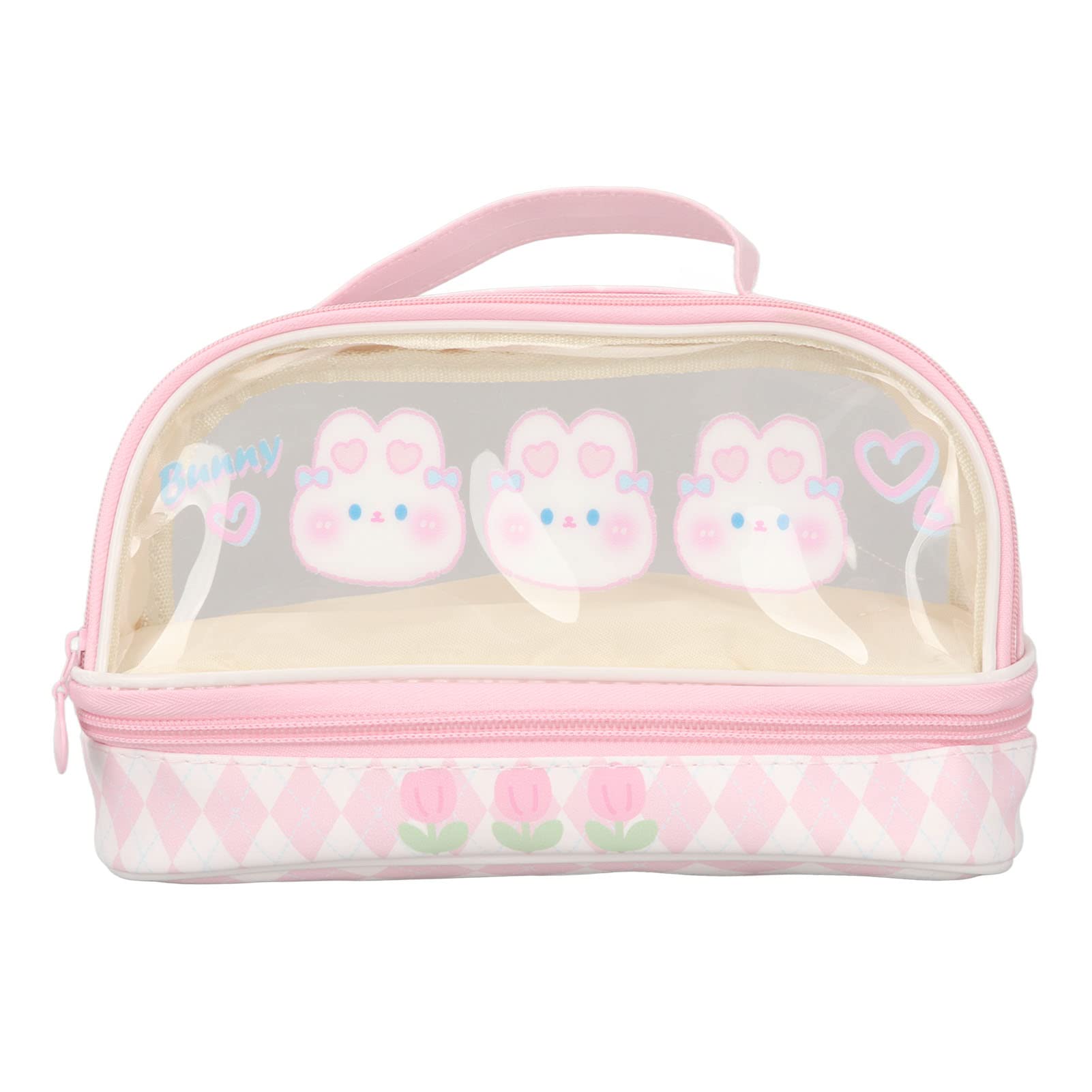 Mokernali Cute Rabbit Pen Bag, Rabbit Pattern Double Layer Pen Bag, Waterproof Transparent Kawaii Pencil Case Pink Cosmetic Bag with Handle