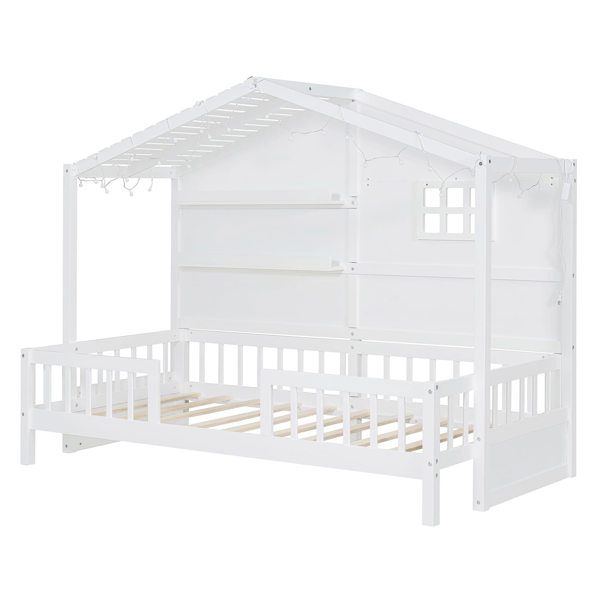 BestLM Twin Size House Bed with Semi-Enclosed Fence & Shelves, Wood House Bed Frame with Window & Sparkling Light Strip on The Roof for Kids Teens Girls Boys, No Box Spring Required, White