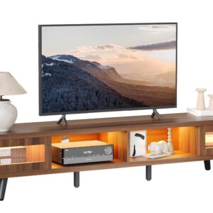 Bestier Mid Century Modern TV Stand for 75 inch TV, LED Entertainment Center with Storage and Sliding Doors, Low Profile TV Consoles for Living Room, Ancona Walnut