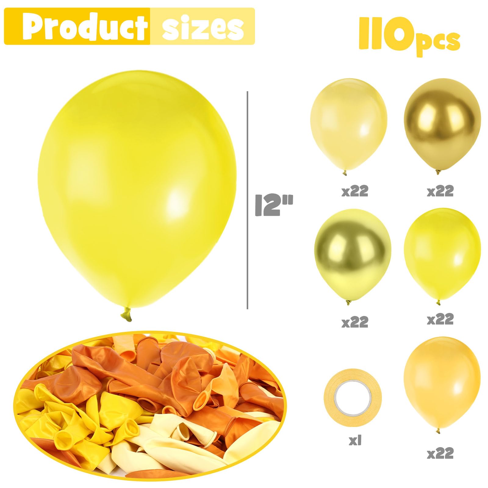 AMOR PRESENT 110PCS yellow Balloons, 12 Inches Gold Chrome Metallic Latex Balloons for Birthday Wedding Graduation Baby Shower Holiday Party Decoration