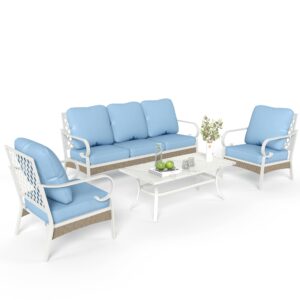 MIXPATIO 4 Piece Patio Furniture Set, 2 x Fixed Chair, 1 x 3-Seat Sofa with Marbling Coffee Table, All Cushioned 5 Seats Outdoor Conversation Set for Lawn Garden Backyard, Blue