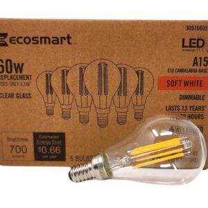 EcoSmart A15 LED Light Bulbs | Clear | Vintage Filament | 700 Lumens | 60W Equivalent | Candelabra E12 Base | Dimmable | Soft White (2700K) | Ideal for Ceiling Fans | 6-Pack