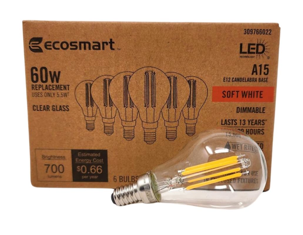 EcoSmart A15 LED Light Bulbs | Clear | Vintage Filament | 700 Lumens | 60W Equivalent | Candelabra E12 Base | Dimmable | Soft White (2700K) | Ideal for Ceiling Fans | 6-Pack