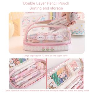 Mokernali Cute Rabbit Pen Bag, Rabbit Pattern Double Layer Pen Bag, Waterproof Transparent Kawaii Pencil Case Pink Cosmetic Bag with Handle