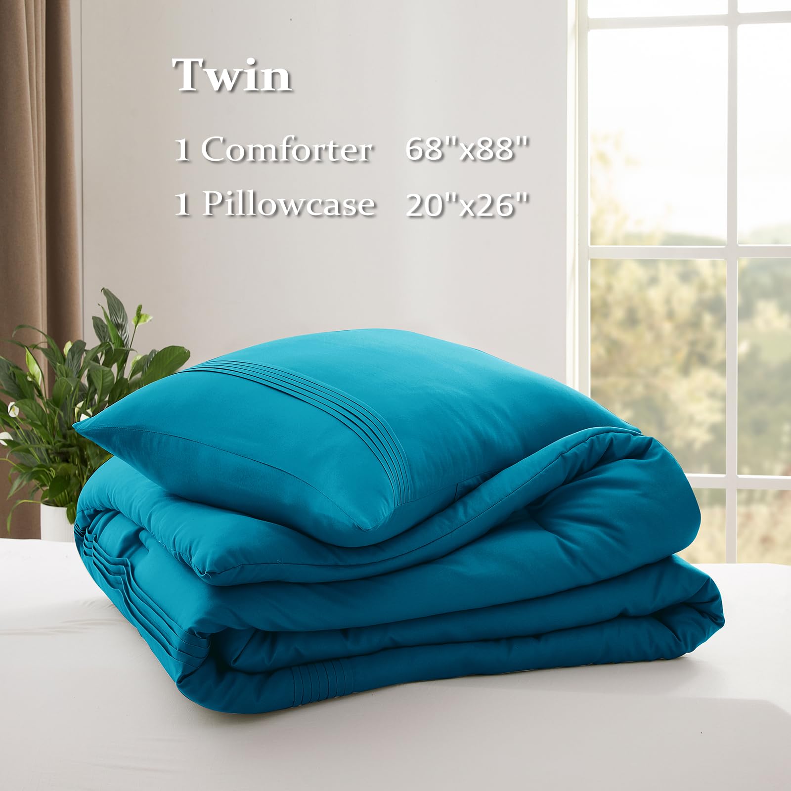 Basic Beyond Twin Comforter Set for Girls Boys, Fluffy Comforter Twin Size Bed, Lightweight Teal Comforter Set Twin, 2 Pieces Pinch Pleat Comforter Set (68" x 88" Comforter & 1 Pillowcase)