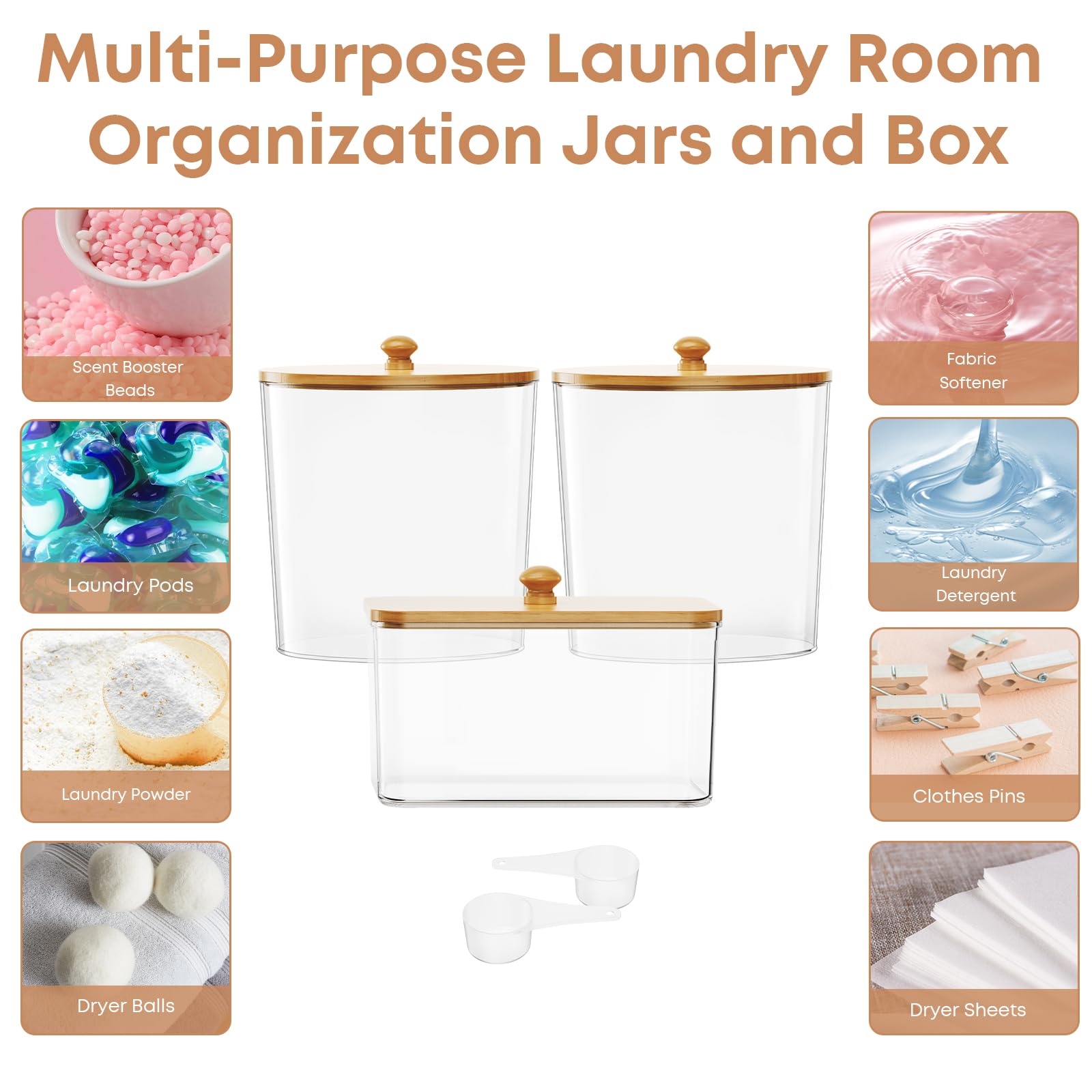 COAZEX 3 Pack Laundry Powder Container & Dryer Sheet Holder, Large Plastic Laundry Room Organization and Storage Jars with Lids, Labels & Scoops for Powder, Detergent, Scent Booster