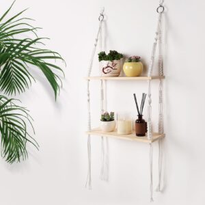 snugblaki hanging shelves for wall floating shelves,boho macrame hanging shelves with swing rope,farmhouse rustic wood hanging shelves,rope wall display shelves for bedroom,living room, bathroom