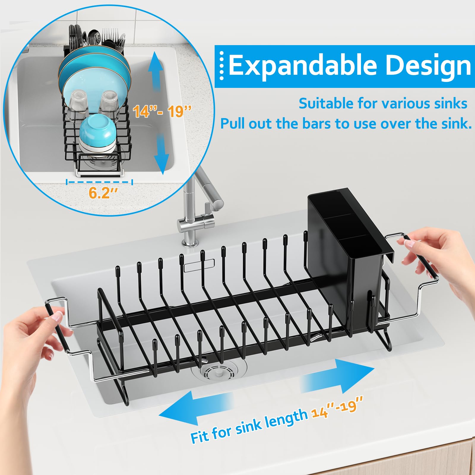 ANTOPY Sink Dish Drying Rack - Expandable Small Dish Rack Over Sink with Silicone Drying Tray, in Sink Dish Drainer for Kitchen Counter with Cutlery Holder, Drying Rack Fit for 14’’-19’’ Kitchen Sink