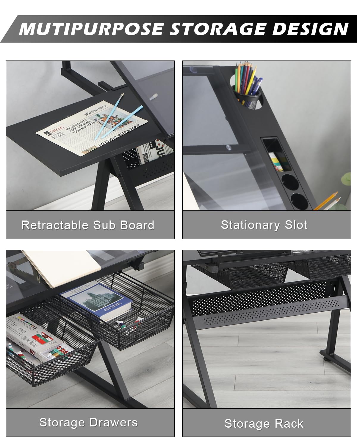 LifeSky Adjustable Drafting Table for Artists - Drawing Table with Storage for Artwork - Glass Art Desk with Drawers for Artists Painters Illustrators Cartoonists