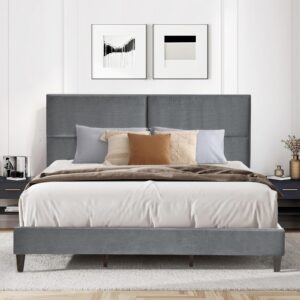 zeelovtress queen size bed frame with adjustable headboard, upholstered platform bed, velvet bedframe mattress foundation, strong wooden slat support, easy assembly, no box spring needed, silver grey